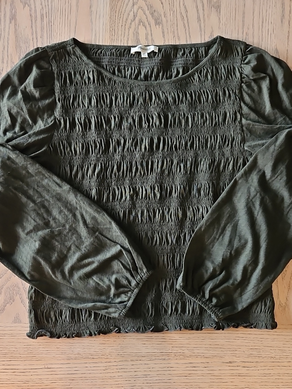 Madewell Olive Smocked Long-Sleeve Top- Size Xl